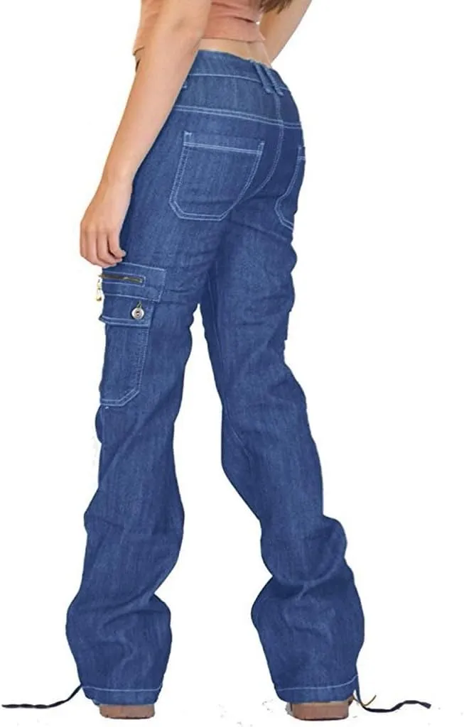Women Cargo Jeans Street Hip Hop Y2K Multi-Pocket Palazzo Trendy Denim Pant Belt Button Zipper Casual Streetwear Pant