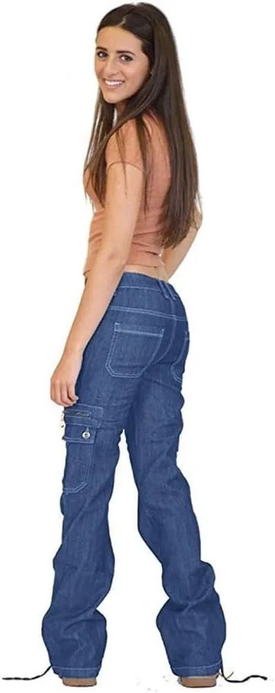 Women Cargo Jeans Street Hip Hop Y2K Multi-Pocket Palazzo Trendy Denim Pant Belt Button Zipper Casual Streetwear Pant
