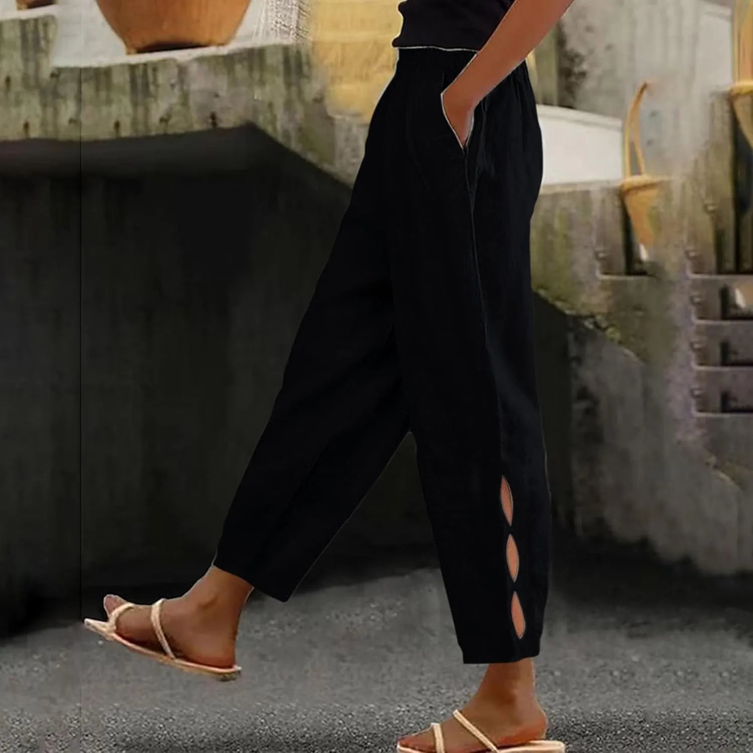 Women Casual Breathable Loose Fit Pants Trendy Summer Linen Trouser Plus Size Office Elegant Ankle-Length Casual Pant