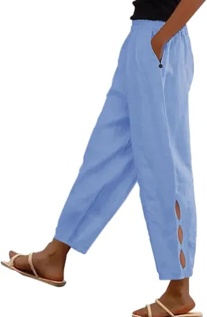 Women Casual Breathable Loose Fit Pants Trendy Summer Linen Trouser Plus Size Office Elegant Ankle-Length Casual Pant