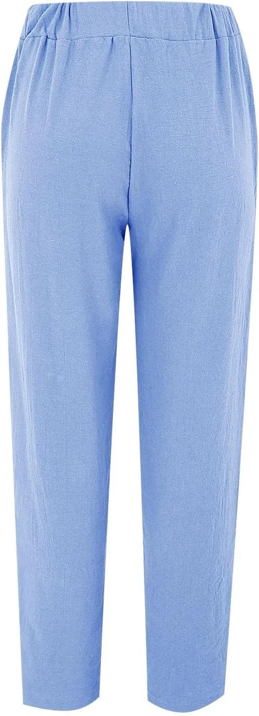 Women Casual Breathable Loose Fit Pants Trendy Summer Linen Trouser Plus Size Office Elegant Ankle-Length Casual Pant