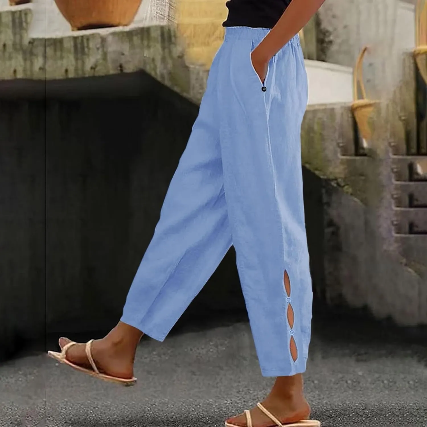 Women Casual Breathable Loose Fit Pants Trendy Summer Linen Trouser Plus Size Office Elegant Ankle-Length Casual Pant