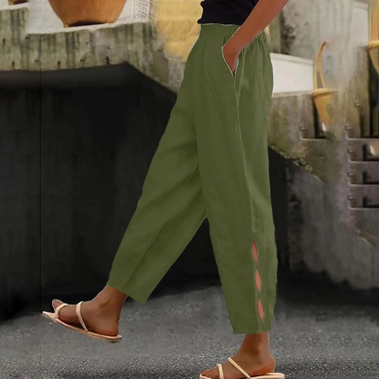 Women Casual Breathable Loose Fit Pants Trendy Summer Linen Trouser Plus Size Office Elegant Ankle-Length Casual Pant