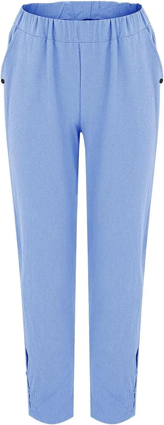 Women Casual Breathable Loose Fit Pants Trendy Summer Linen Trouser Plus Size Office Elegant Ankle-Length Casual Pant