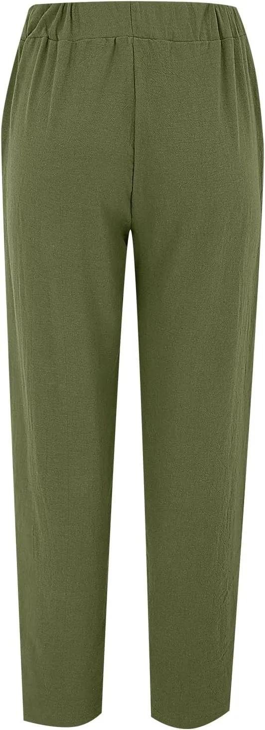 Women Casual Breathable Loose Fit Pants Trendy Summer Linen Trouser Plus Size Office Elegant Ankle-Length Casual Pant