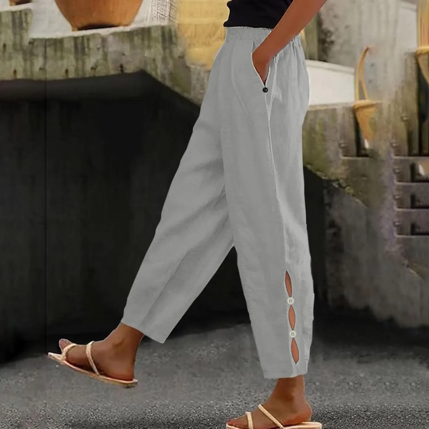 Women Casual Breathable Loose Fit Pants Trendy Summer Linen Trouser Plus Size Office Elegant Ankle-Length Casual Pant