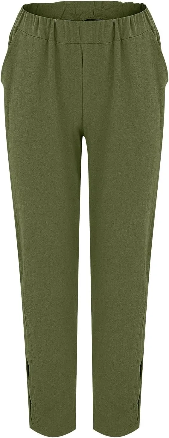 Women Casual Breathable Loose Fit Pants Trendy Summer Linen Trouser Plus Size Office Elegant Ankle-Length Casual Pant