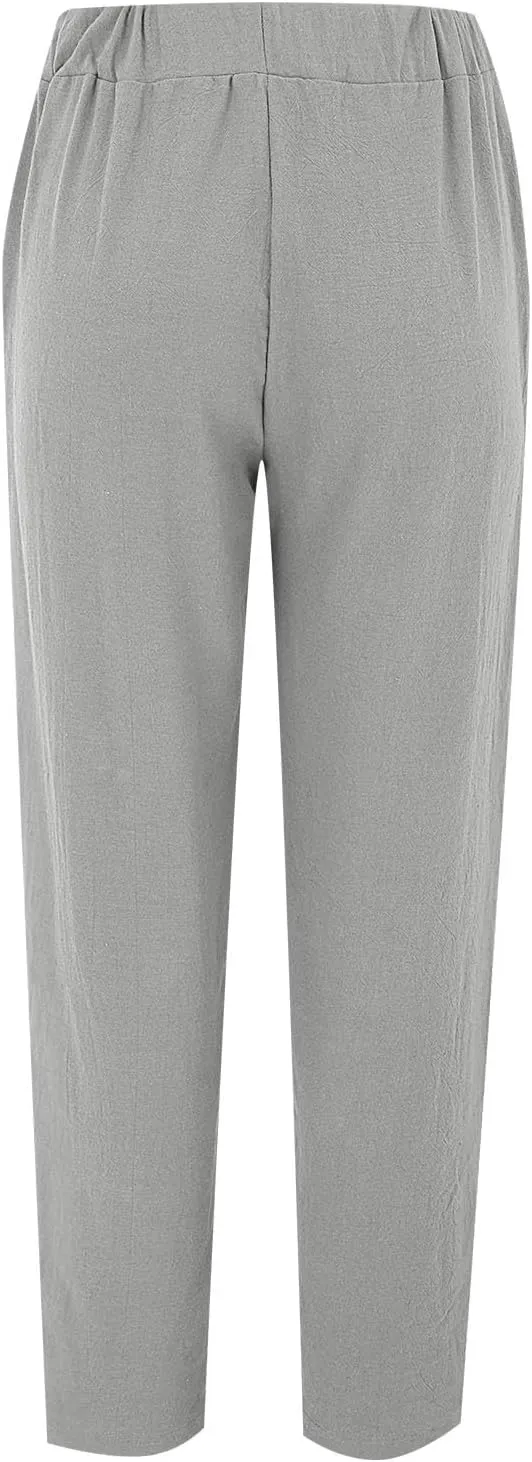 Women Casual Breathable Loose Fit Pants Trendy Summer Linen Trouser Plus Size Office Elegant Ankle-Length Casual Pant