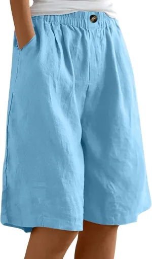 Women Casual Knee Length Linen Shorts Fashion High Waisted Cotton Linen Bermuda Shorts Straight Leg Work Casual Pants