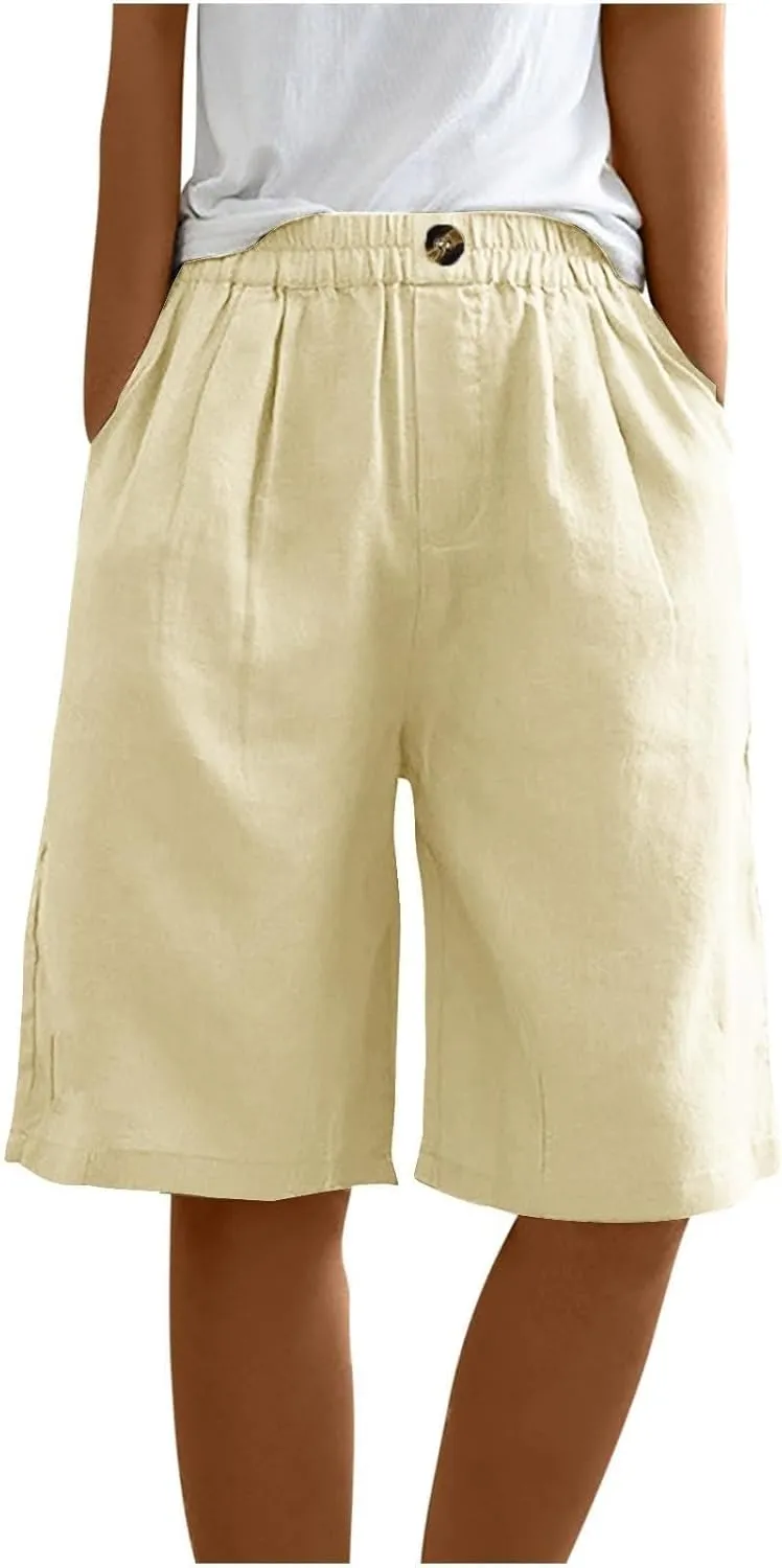 Women Casual Knee Length Linen Shorts Fashion High Waisted Cotton Linen Bermuda Shorts Straight Leg Work Casual Pants