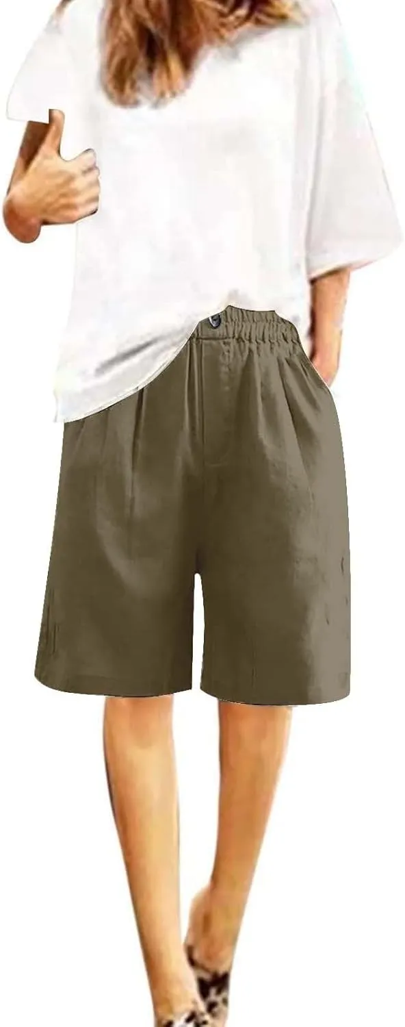 Women Casual Knee Length Linen Shorts Fashion High Waisted Cotton Linen Bermuda Shorts Straight Leg Work Casual Pants