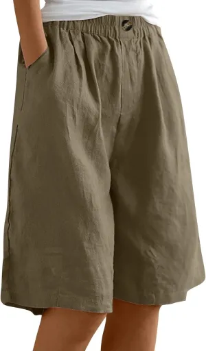 Women Casual Knee Length Linen Shorts Fashion High Waisted Cotton Linen Bermuda Shorts Straight Leg Work Casual Pants