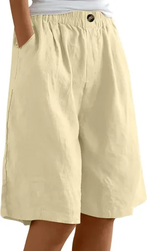 Women Casual Knee Length Linen Shorts Fashion High Waisted Cotton Linen Bermuda Shorts Straight Leg Work Casual Pants