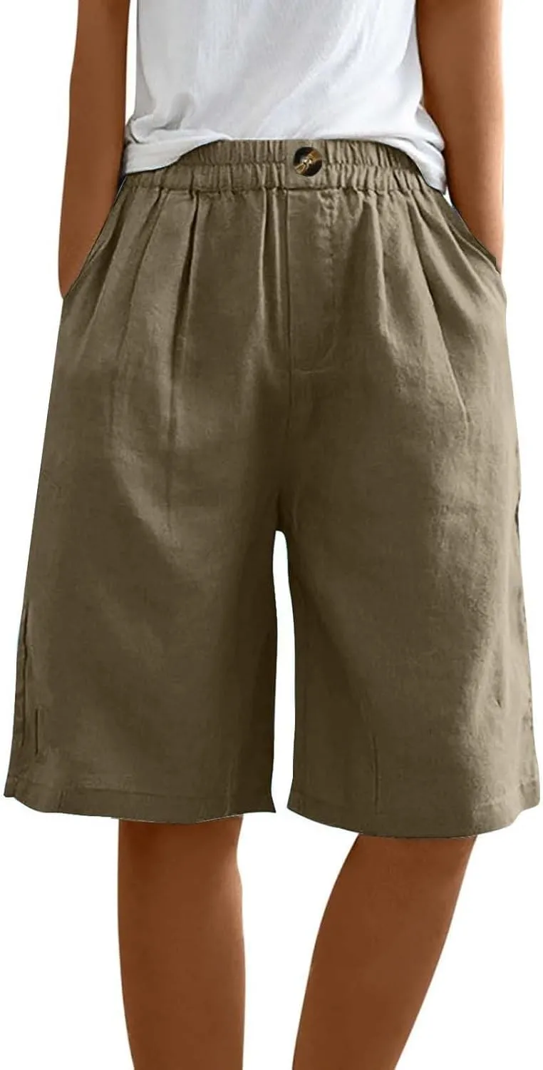 Women Casual Knee Length Linen Shorts Fashion High Waisted Cotton Linen Bermuda Shorts Straight Leg Work Casual Pants