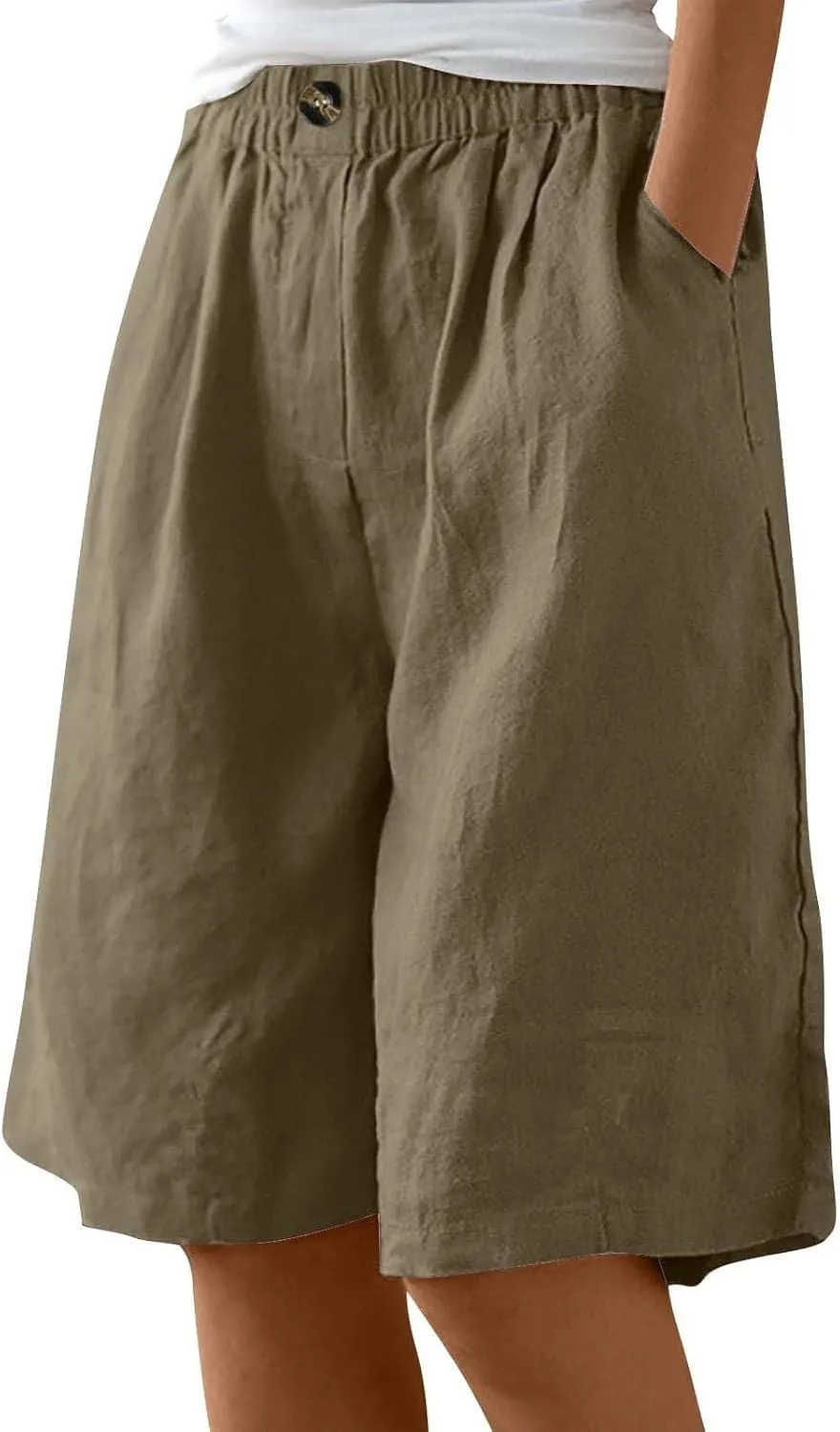 Women Casual Knee Length Linen Shorts Fashion High Waisted Cotton Linen Bermuda Shorts Straight Leg Work Casual Pants