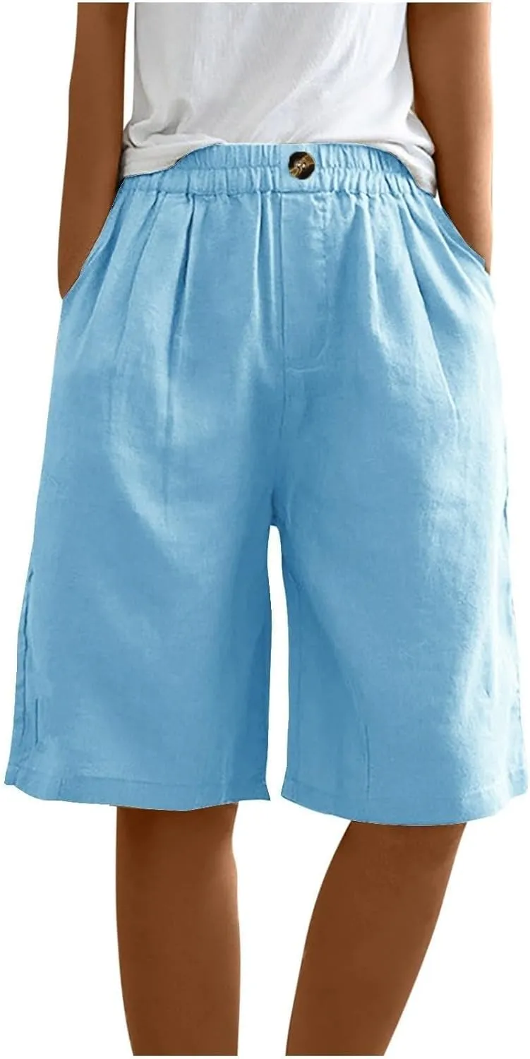 Women Casual Knee Length Linen Shorts Fashion High Waisted Cotton Linen Bermuda Shorts Straight Leg Work Casual Pants