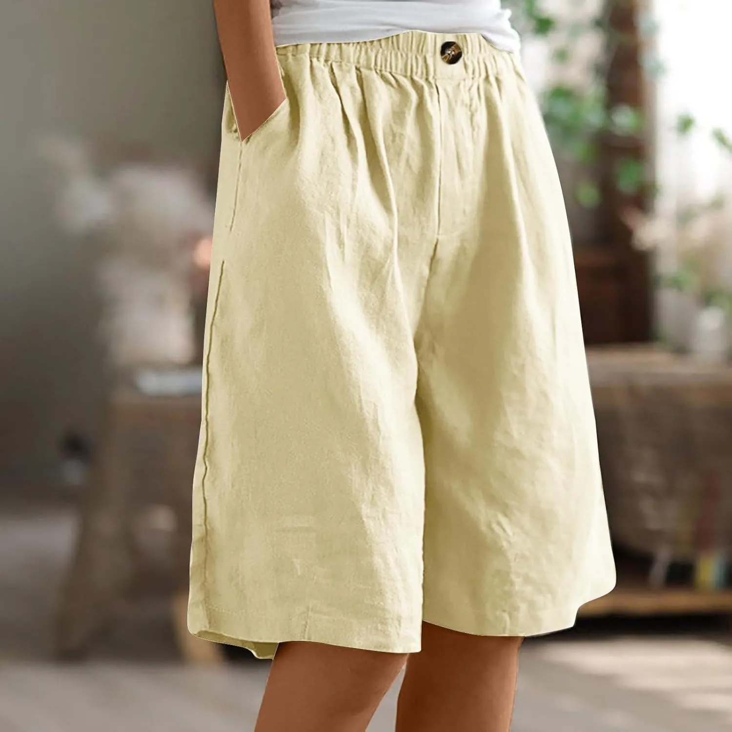 Women Casual Knee Length Linen Shorts Fashion High Waisted Cotton Linen Bermuda Shorts Straight Leg Work Casual Pants