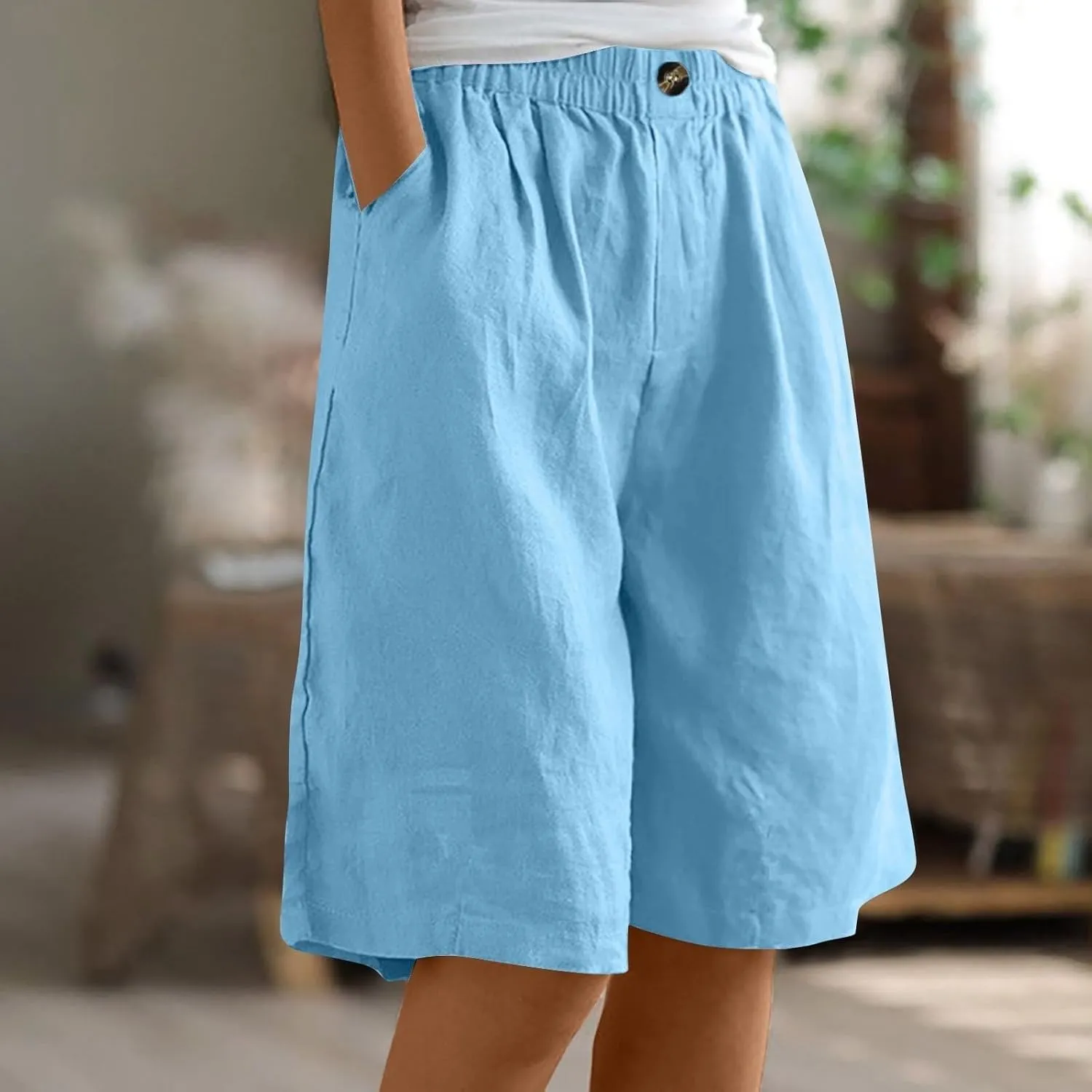 Women Casual Knee Length Linen Shorts Fashion High Waisted Cotton Linen Bermuda Shorts Straight Leg Work Casual Pants