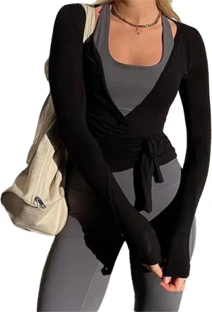Women Cross Wrap Tie Tops Long Sleeve Deep V Neck Slim Fit T-Shirts Casual Solid Color Workout Blouses