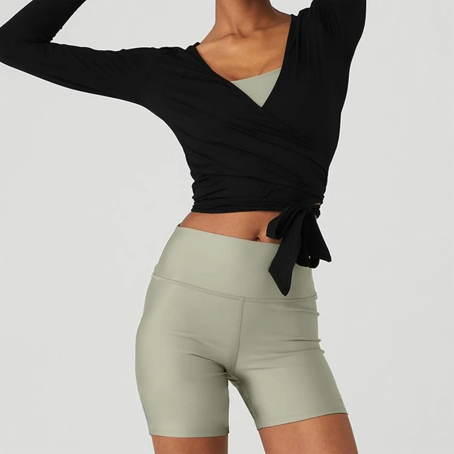 Women Cross Wrap Tie Tops Long Sleeve Deep V Neck Slim Fit T-Shirts Casual Solid Color Workout Blouses