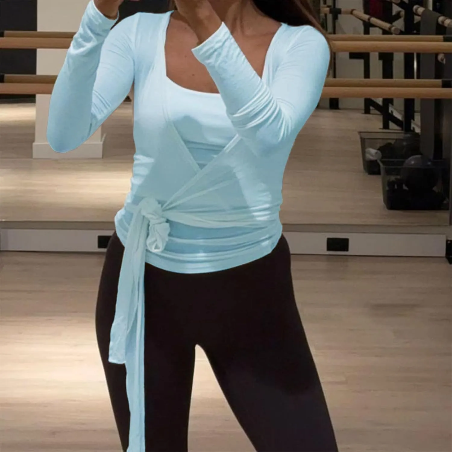 Women Cross Wrap Tie Tops Y2K Long Sleeve Deep V Neck Slim Fit Shirts Ballet Yoga Workout Coquette Blouses