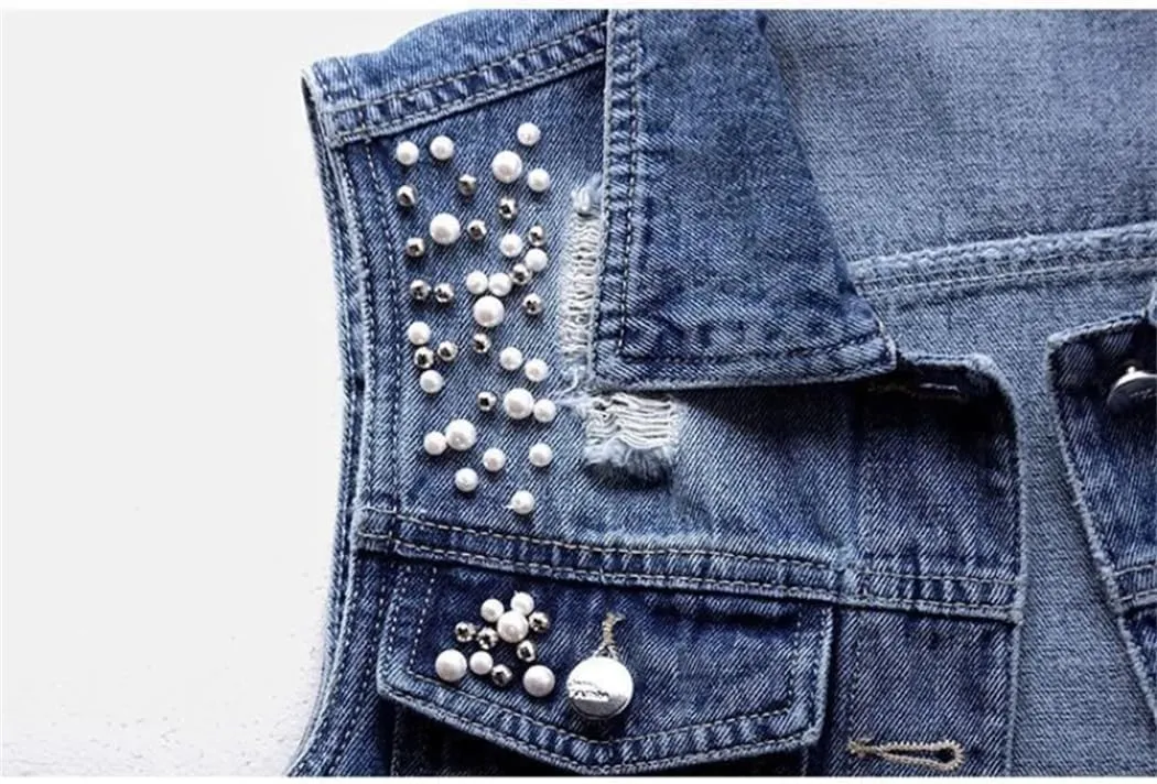 Women Denim Vest Pearls Fashion Ripped Autumn Jeans Jacket Sleeveless Loose Short Causal Waistcoats