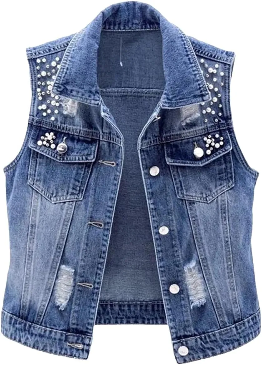 Women Denim Vest Pearls Fashion Ripped Autumn Jeans Jacket Sleeveless Loose Short Causal Waistcoats