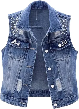 Women Denim Vest Pearls Fashion Ripped Autumn Jeans Jacket Sleeveless Loose Short Causal Waistcoats
