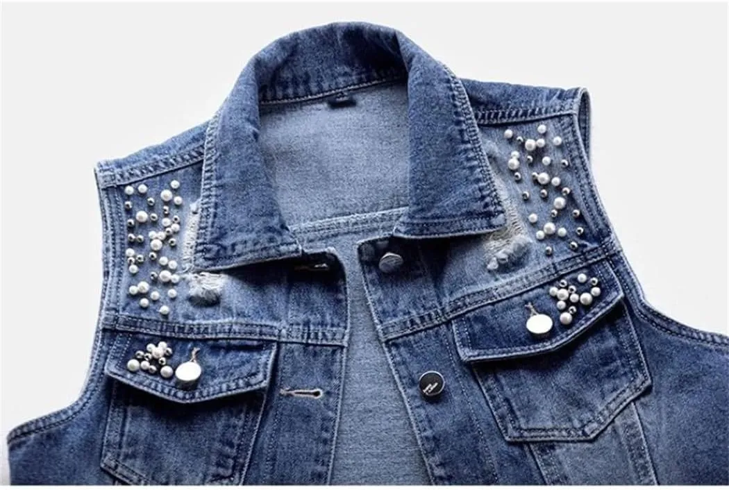 Women Denim Vest Pearls Fashion Ripped Autumn Jeans Jacket Sleeveless Loose Short Causal Waistcoats