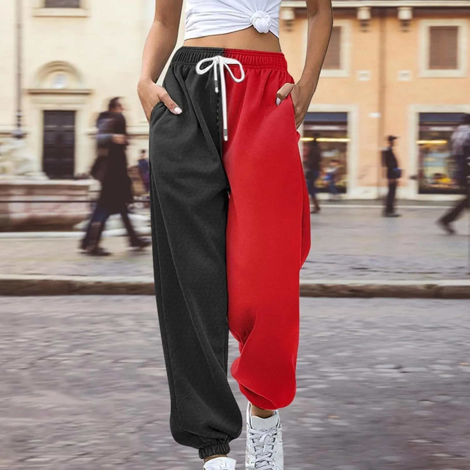 Women Fashion Color Block Pants Trendy Tummy Control Cuffed Trouser Street Hip Hop Palazzo Athletic Casual Sweatpants