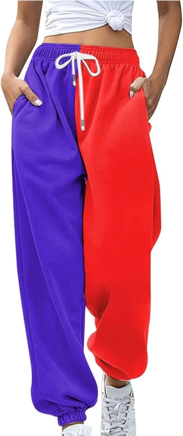 Women Fashion Color Block Pants Trendy Tummy Control Cuffed Trouser Street Hip Hop Palazzo Athletic Casual Sweatpants