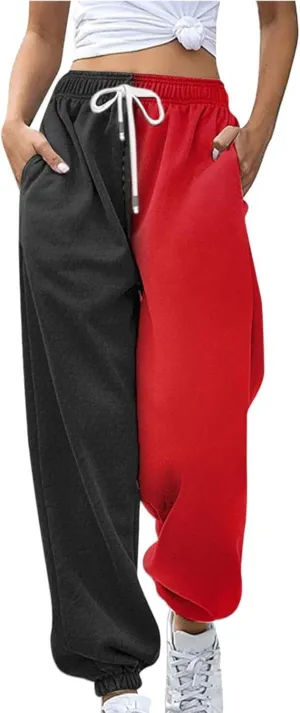 Women Fashion Color Block Pants Trendy Tummy Control Cuffed Trouser Street Hip Hop Palazzo Athletic Casual Sweatpants