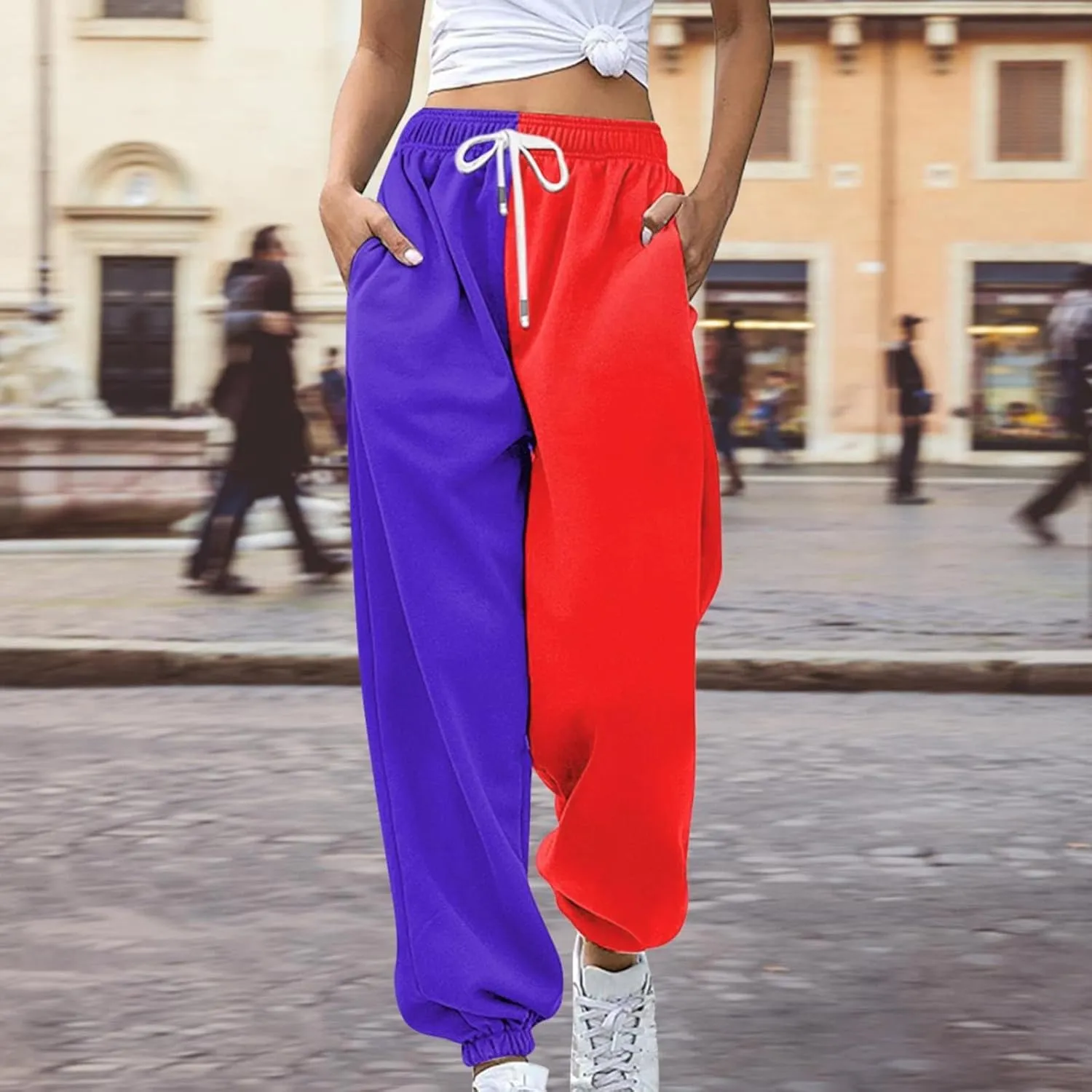 Women Fashion Color Block Pants Trendy Tummy Control Cuffed Trouser Street Hip Hop Palazzo Athletic Casual Sweatpants