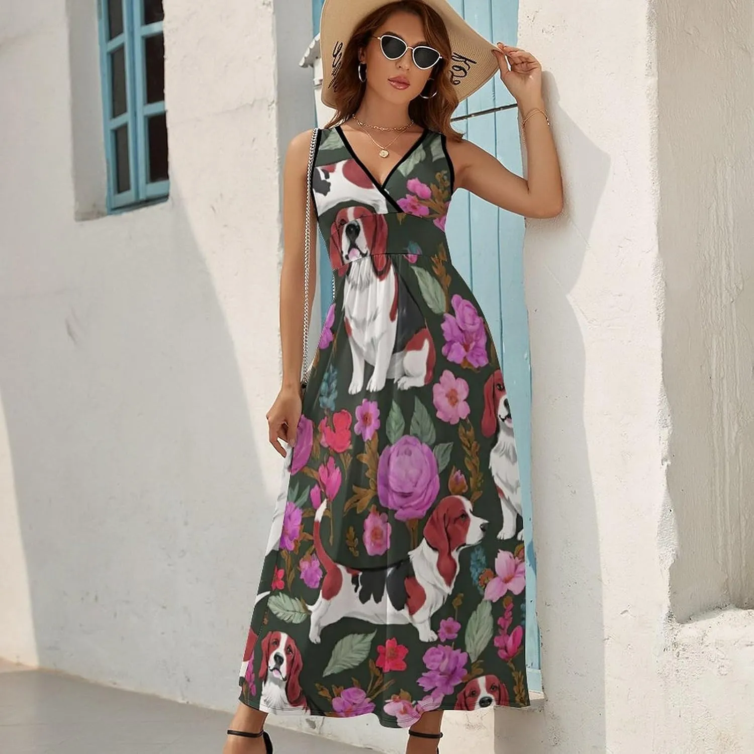 Women Girls V-Neck Sleeveless Flared Midi Dress for Party Holiday Beach