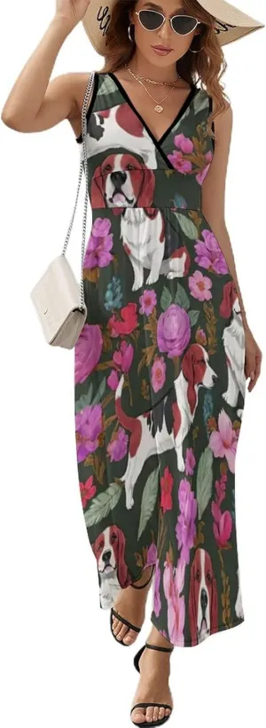 Women Girls V-Neck Sleeveless Flared Midi Dress for Party Holiday Beach