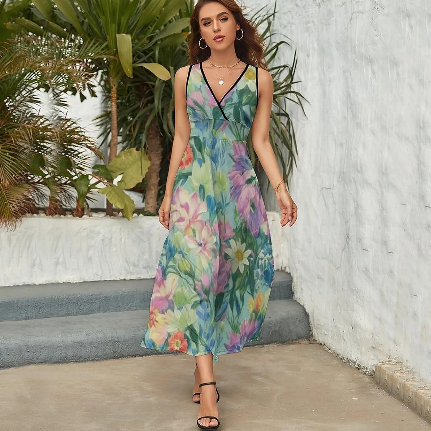 Women Girls V-Neck Sleeveless Swing Dress for Party Holiday Beach