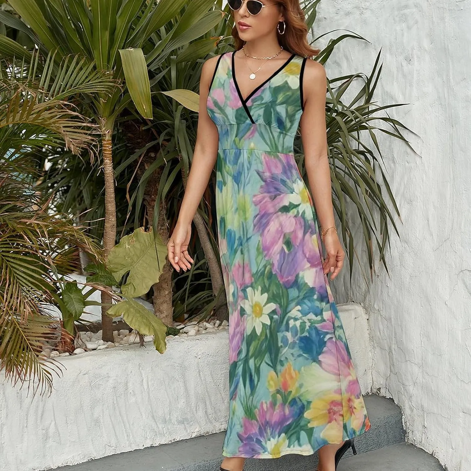 Women Girls V-Neck Sleeveless Swing Dress for Party Holiday Beach