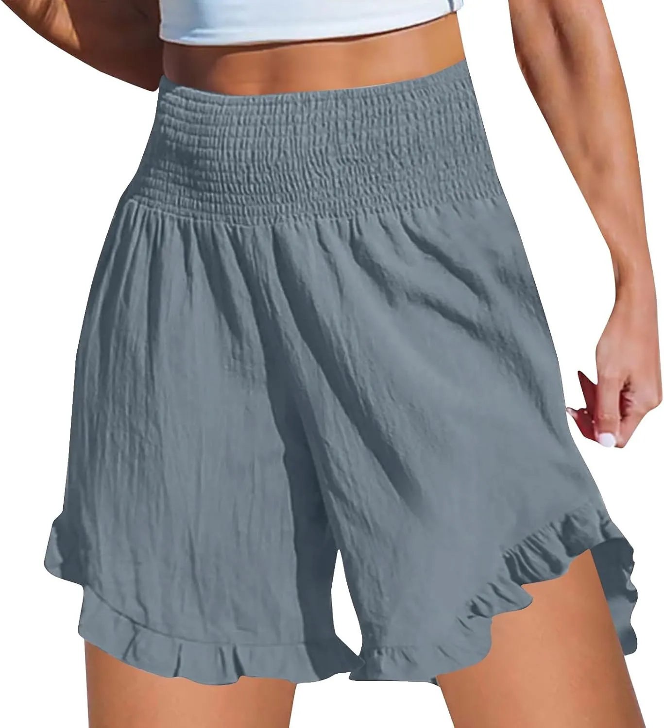 Women High Waisted Ruffle Hem Shorts Stylish Active Activities Loose Fit Casual Wear Pant Beach Boho Flowy Yoga Short