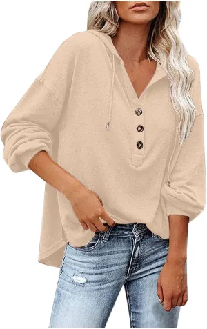 Women Hoodies Drawstring Long Sleeve Pullover Drop Shoulder V Neck Sweatshirt Casual Versatile Trendy Hooded Shirt