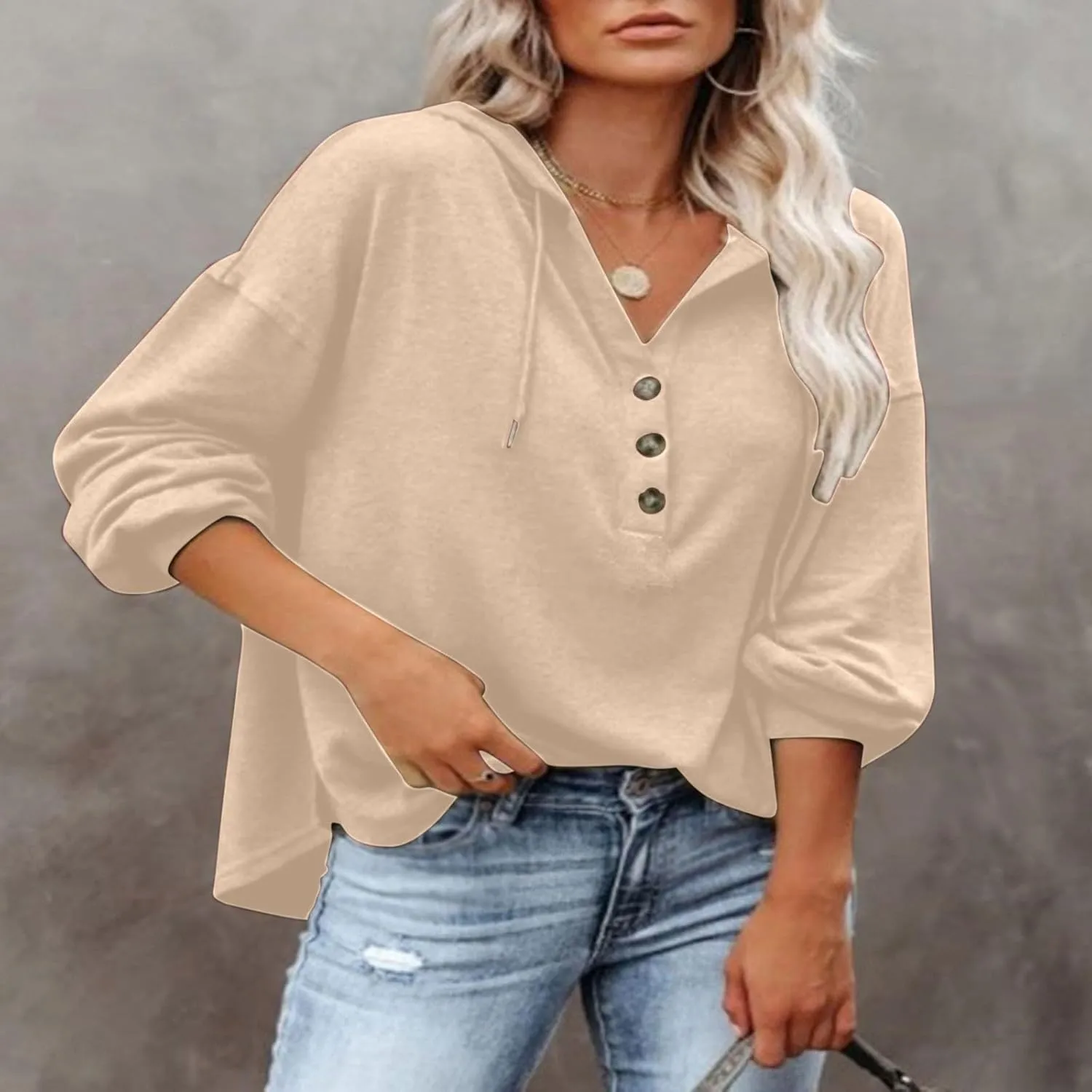Women Hoodies Drawstring Long Sleeve Pullover Drop Shoulder V Neck Sweatshirt Casual Versatile Trendy Hooded Shirt