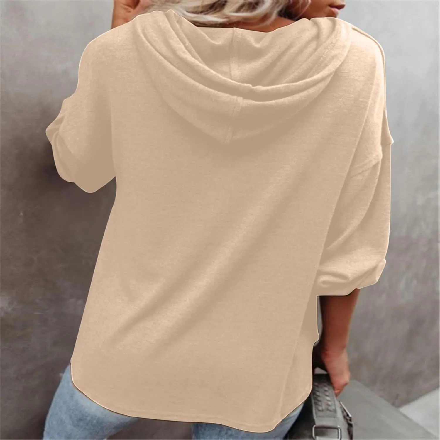 Women Hoodies Drawstring Long Sleeve Pullover Drop Shoulder V Neck Sweatshirt Casual Versatile Trendy Hooded Shirt