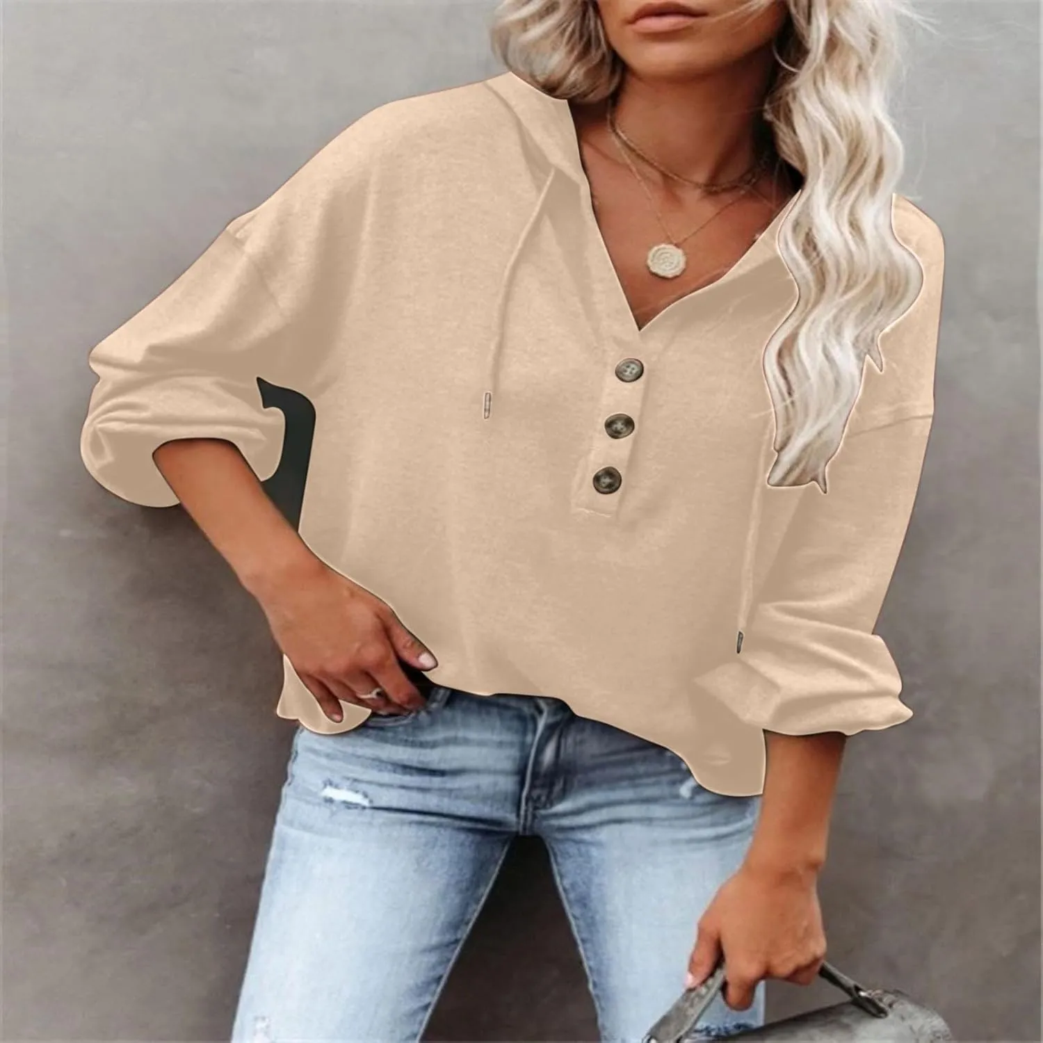 Women Hoodies Drawstring Long Sleeve Pullover Drop Shoulder V Neck Sweatshirt Casual Versatile Trendy Hooded Shirt
