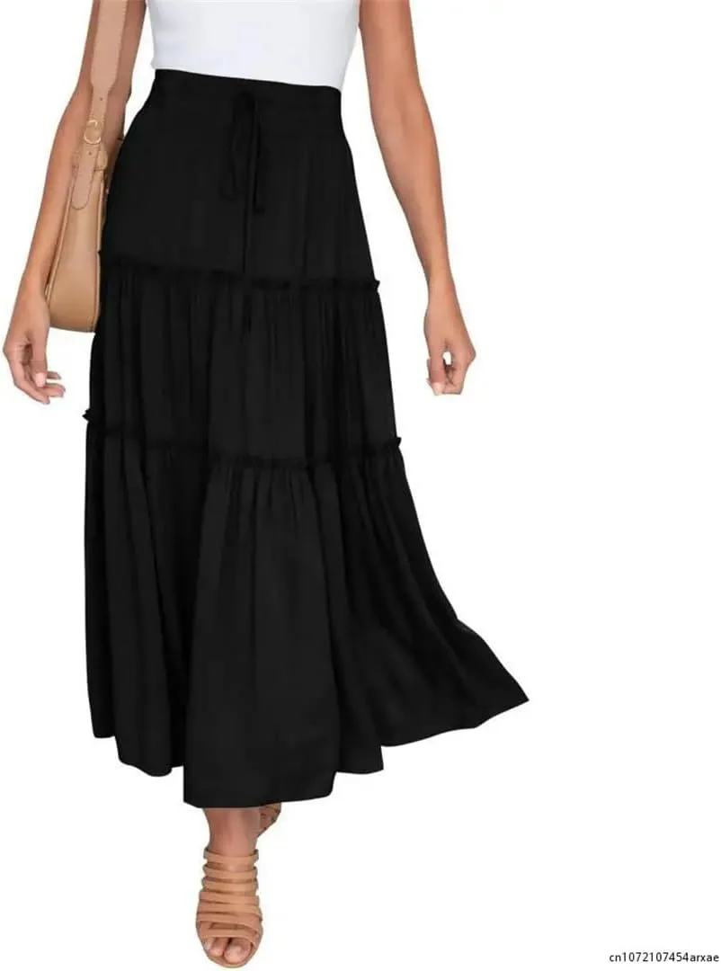 Women Large Hem High Waist Elastic Patchwork Cake A-Line Skirt Boho Swing Beach Chiffon Pleated Skirt