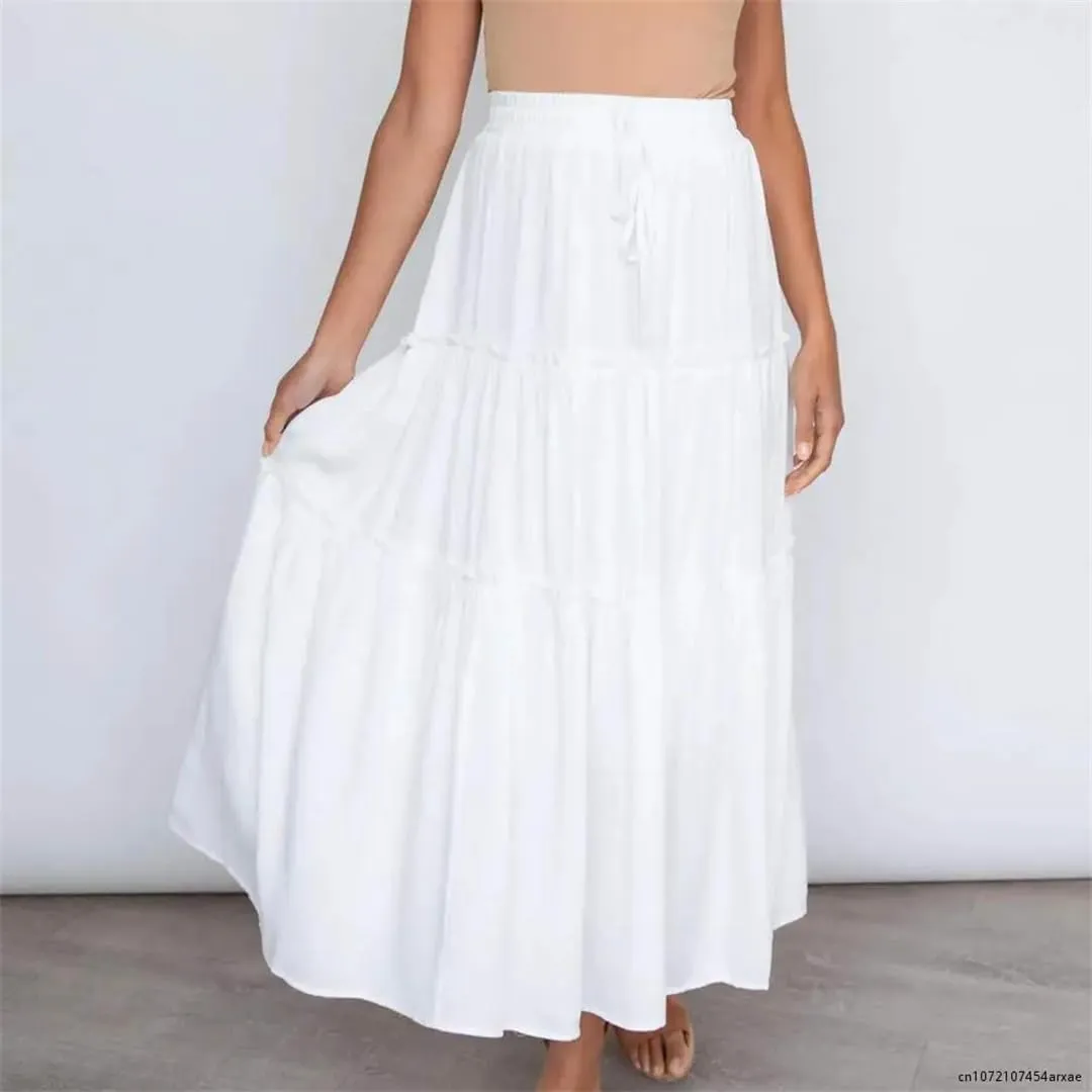 Women Large Hem High Waist Elastic Patchwork Cake A-Line Skirt Boho Swing Beach Chiffon Pleated Skirt