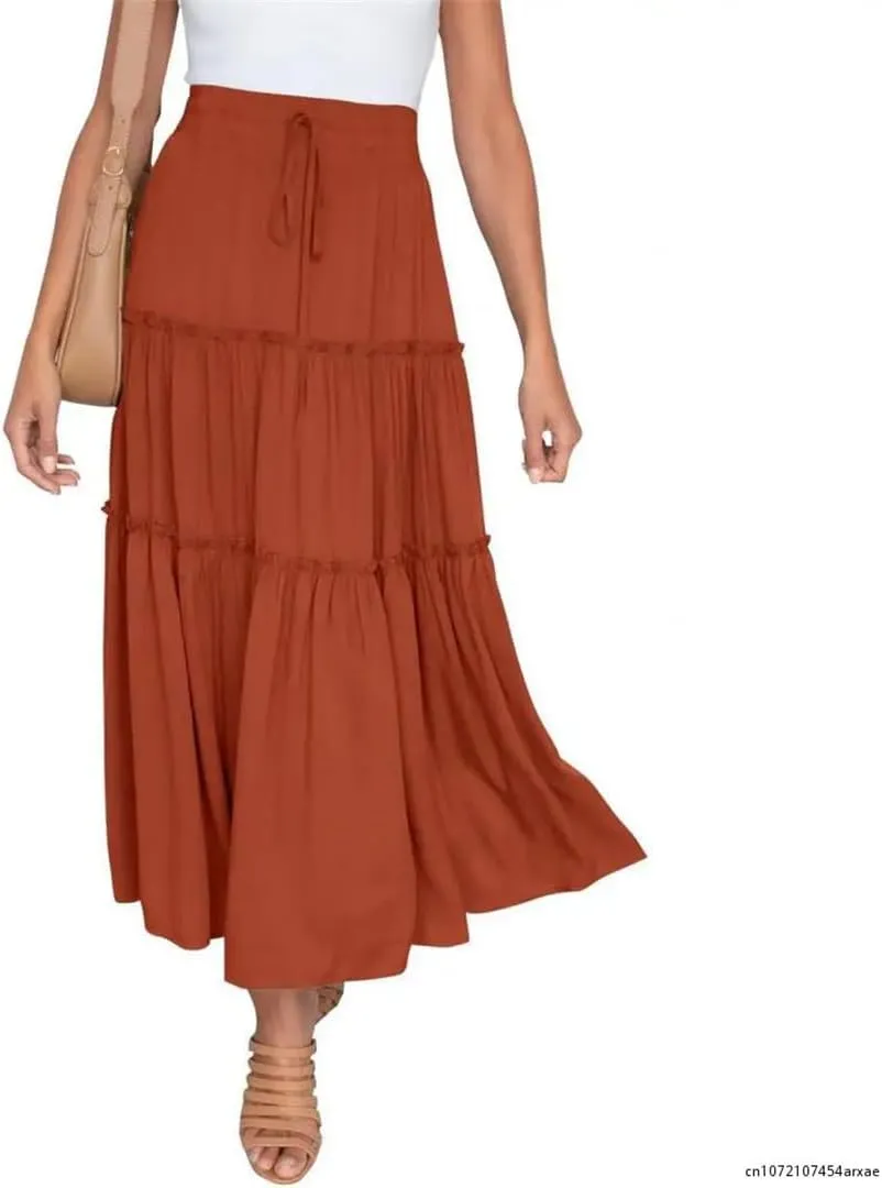 Women Large Hem High Waist Elastic Patchwork Cake A-Line Skirt Boho Swing Beach Chiffon Pleated Skirt