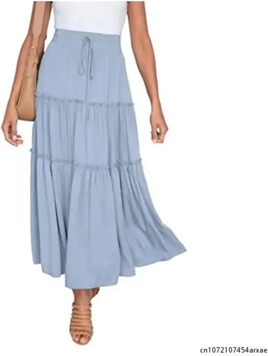 Women Large Hem High Waist Elastic Patchwork Cake A-Line Skirt Boho Swing Beach Chiffon Pleated Skirt