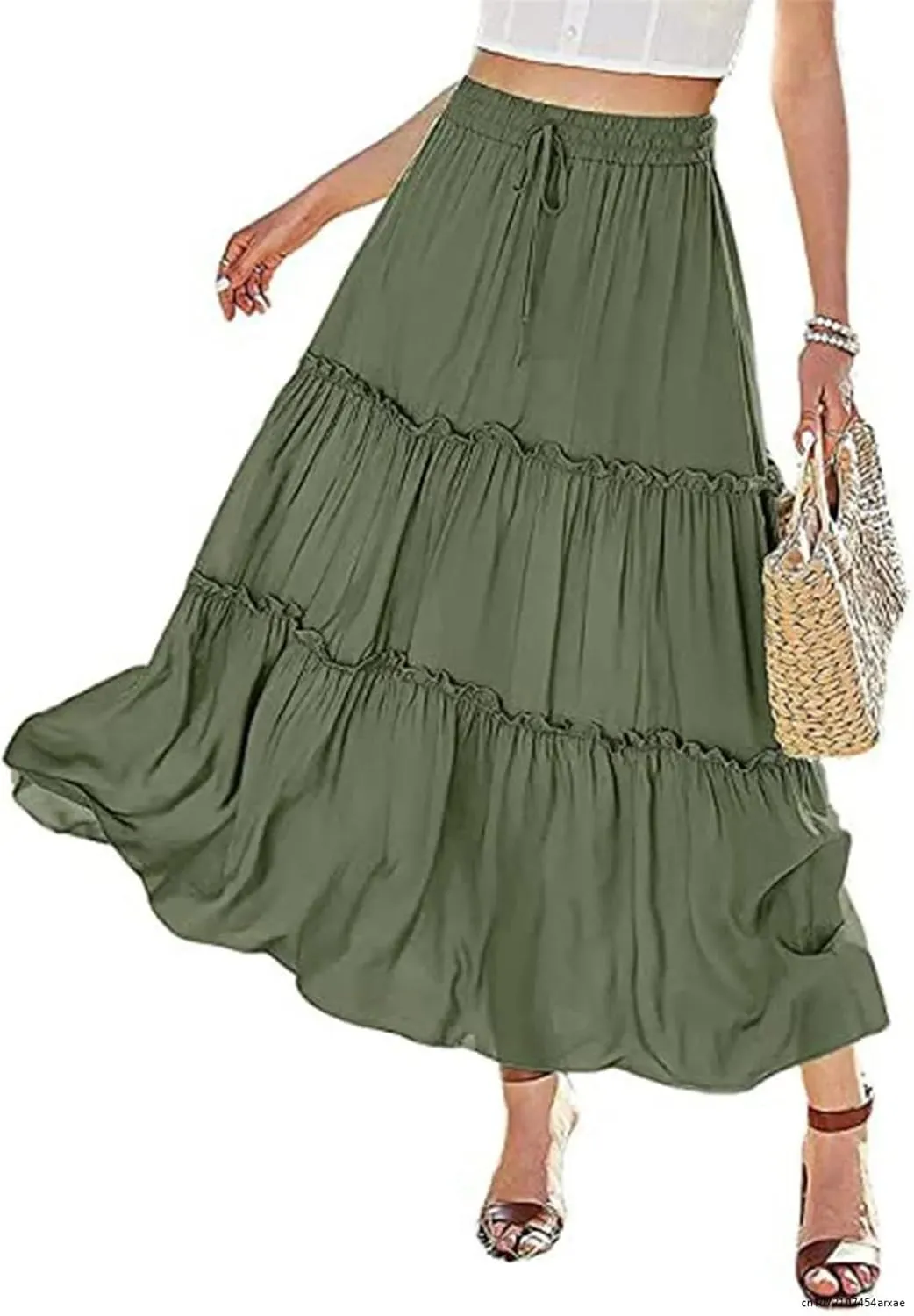Women Large Hem High Waist Elastic Patchwork Cake A-Line Skirt Boho Swing Beach Chiffon Pleated Skirt