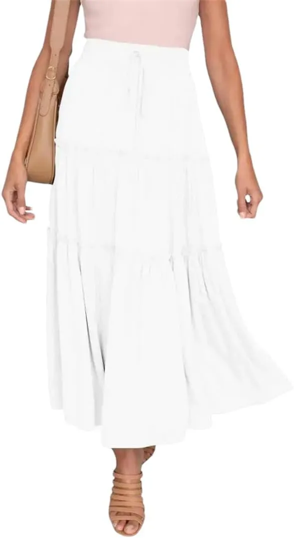 Women Large Hem High Waist Elastic Patchwork Cake A-Line Skirt Boho Swing Beach Chiffon Pleated Skirt