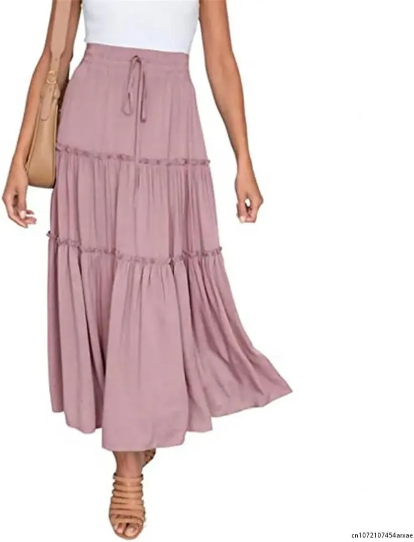 Women Large Hem High Waist Elastic Patchwork Cake A-Line Skirt Boho Swing Beach Chiffon Pleated Skirt