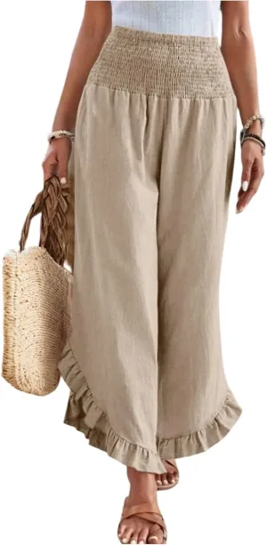 Women Linen Pants Summer Wide Leg Pants Smocked Waist Ruffle Hem Palazzo Pant Boho Flowy Beach Pant with Pocket
